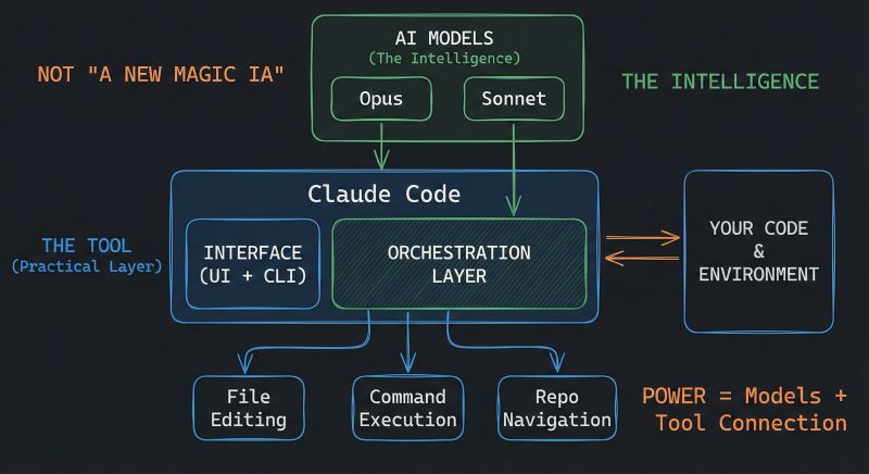 Claude Code Architecture: AI Models (Opus, Sonnet) connect through Claude Code's orchestration layer to your code environment via File Editing, Command Execution, and Repo Navigation